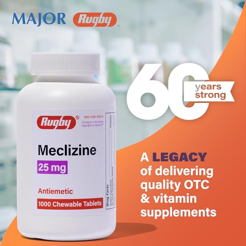 Rugby Meclizine Chewable Tablets 25mg - Anti-Nausea Medicine Helps with Motion Sickness - 1,000 Tablets