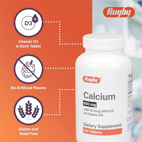 Rugby 600mg Calcium Tablets - Made with 10mcg (400IU) of Vitamin D3 - Dietary Supplement - 180 Count (1 Pack)