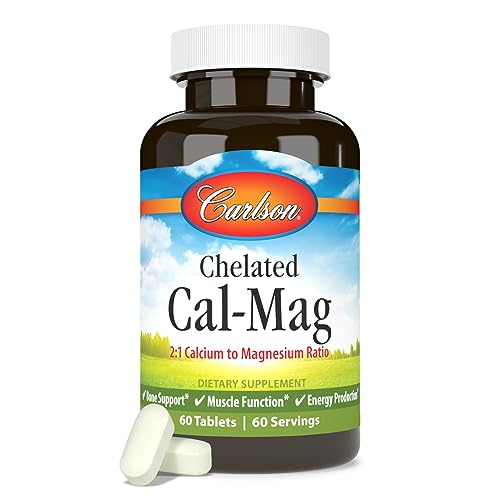 Carlson - Chelated Cal-Mag, 2:1 Calcium to Magnesium Ratio, Bone Support, Muscle Function & Energy Production, 60 Tablets