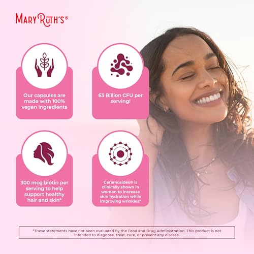 Probiotic Beauty Capsules by MaryRuth's | Vegan Collagen Support | Anti Aging | Gut Health | Hair Skin and Nails Vitamins | Skin Care | Biotin | Non-GMO Project Verified | 60 Count