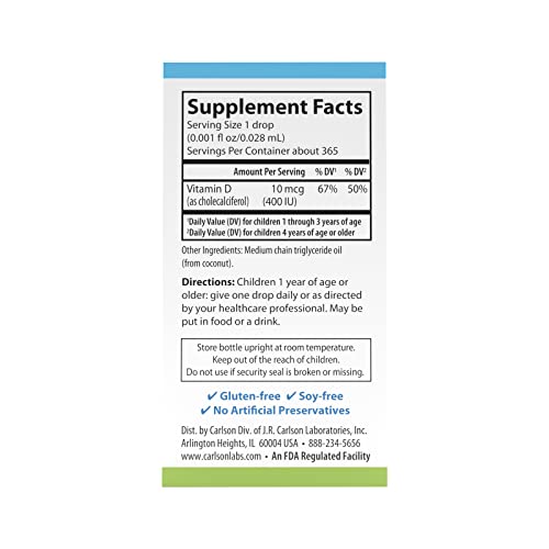 Carlson - Kid's Super Daily D3, Kids Vitamin D Drops, 400 IU (10 mcg) per Drop, Heart Health, Immune Support, Vegetarian, Liquid Vitamin D Drops, Unflavored, 365 Drops