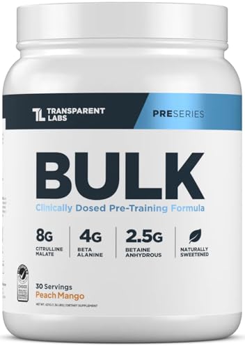 Transparent Labs Bulk Pre Workout Powder - Naturally Sweetened Advanced Pre-Workout Formula for Muscle Building and Strength - 30 Servings, Peach Mango