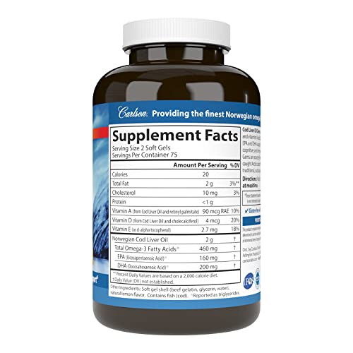 Carlson - Cod Liver Oil Gems, 460 mg Omega-3s, Plus Vitamins A and D3, Wild Caught Norwegian Arctic Cod Liver Oil, Sustainably Sourced Nordic Fish Oil Capsules, Lemon, 150 Softgels