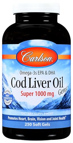 Carlson - Cod Liver Oil Gems, Super 1000 mg, 250 mg Omega-3s, 400 IU (10 mcg) Vitamin D3, Wild Caught Norwegian Arctic Cod Liver Oil, Nordic Fish Oil Capsules, 250 Softgels