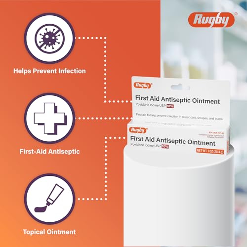 Rugby First Aid Antiseptic Ointment - 10% Povidone Iodine Ointment, USP - Antiseptic for Minor Cuts, Scrapes, and Burns - 1 Oz.