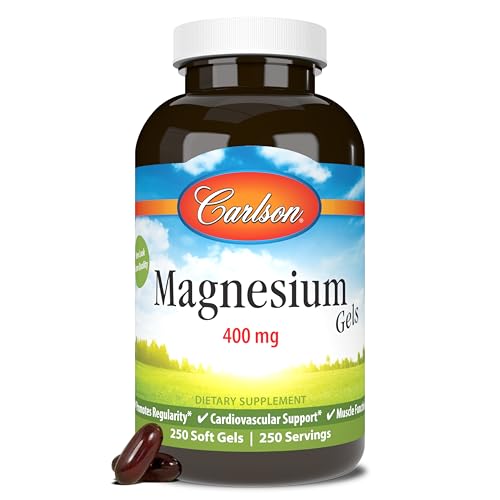 Carlson - Magnesium Gels, 400 mg of Magnesium per Softgel, Heart & Muscle Support, Magnesium Gel Caps, Bowel Function, Magnesium Supplement, 250 Softgels