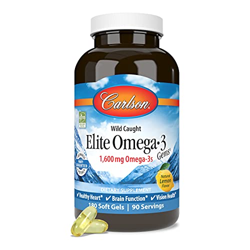 Carlson - Elite Omega-3 Gems, 1600 mg Omega-3s, Heart, Brain & Vision Support, Wild Caught, Orange, 180 soft gels