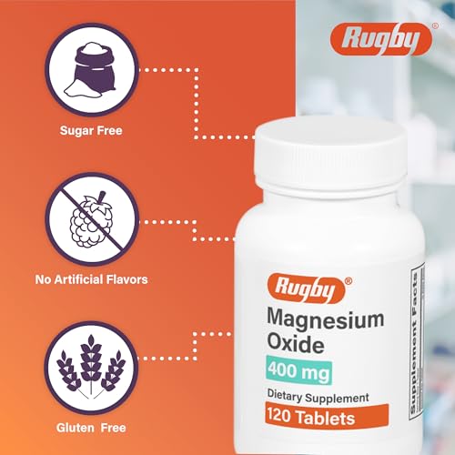 Rugby Magnesium Oxide 400 mg Tablets - Dietary Supplement - Gluten-Free - 120 Count (1 Pack)