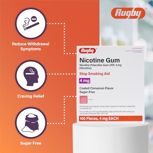 Rugby Polacrilex 4mg Nicotine Gum - Smoking and Vaping Quitting Aid - Sugar-Free - 100 Count - Coated Cinnamon Flavor (2 pack)