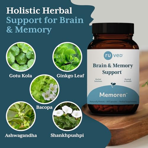 ruved Memoren, All-Natural Ayurvedic Focus and Memory Support with Ginkgo Biloba, Gotu Kola and Bacopa, Brain Health and Stress Care Supplement for Adults, 60 Vegetarian Capsules