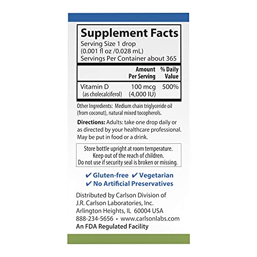 Carlson Super Daily D3 4,000 IU (100 mcg), Heart & Immune Health, Teeth & Bone Strength, Unflavored, 365 Drops