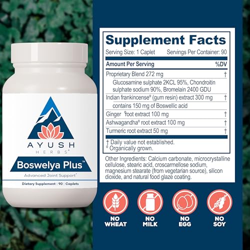 Ayush Herbs Boswelya Plus - Glucosamine Chondroitin Joint Support Supplement, Turmeric Muscle Support for Men & Women, Joint Care with Curcumin - 90 Vegetarian Capsules (1 Count)
