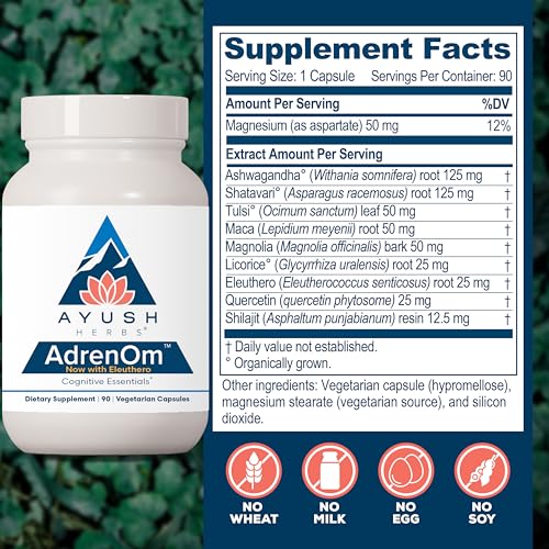 Ayush Herbs AdrenOm - Ayurvedic Adrenal and Stress-Support Supplement for Women & Men, Ashwagandha & Eleuthero to Support Adrenal Balance, Cognitive Function & Calm - 90 Vegetarian Capsules (1 Count)