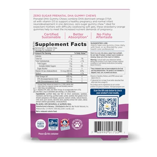 Nordic Naturals Zero Sugar DHA Prenatal Vitamin Gummies, Strawberry Orange Flavor - 27 Gummies - Supplements for Pregnancy - 600 mg Omega-3 Fish Oil and 400 IU Vitamin D3-27 Servings