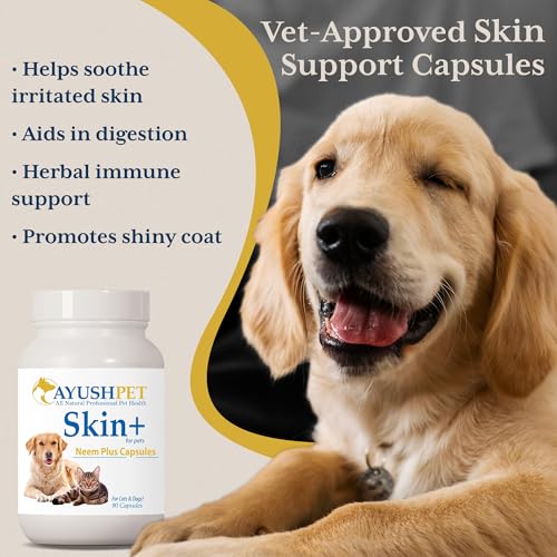 Ayush Pet Skin Plus, Neem Supplement for Healthy Skin and Coat, Supports Gut and Immunity, 90 Capsules