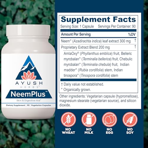 Ayush Herbs Neem Plus - Digestive Health for Women & Men, Gut Support Supplement for Stomach & Skin Health, Immune Support - 90 Vegetarian Capsules (1 Count)