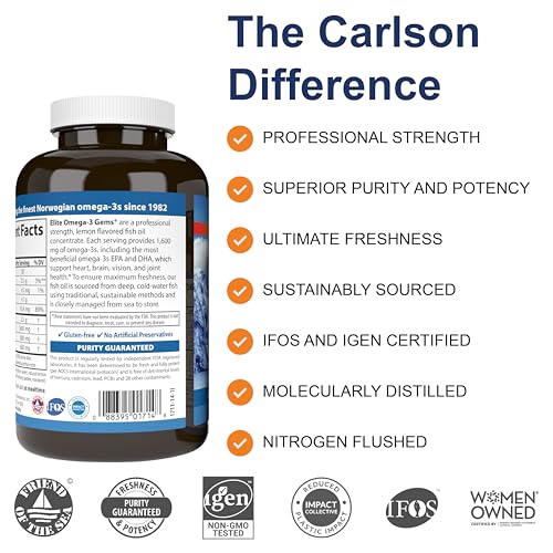 Carlson - Elite Omega-3 Gems,1600 mg Omega-3 Fatty Acids Including EPA and DHA,Norwegian, Wild-Caught fish oil Supplement,Sustainably Sourced Capsules, Lemon, 90+30 Softgels