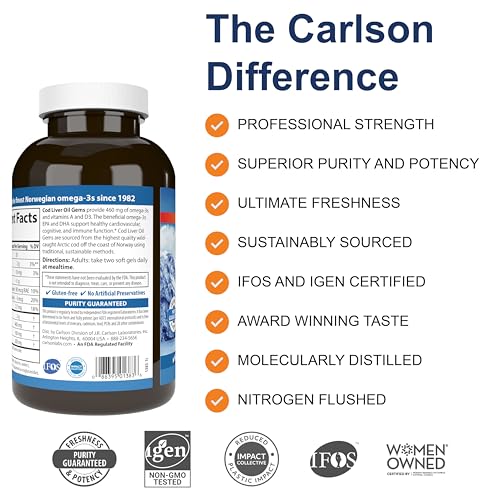 Carlson - Cod Liver Oil, 460 mg Omega-3s + Vitamins A & D3, Wild-Caught Norwegian Arctic Cod-Liver Oil, Sustainably Sourced Nordic Fish Oil Capsules, Lemon, 300 Softgels