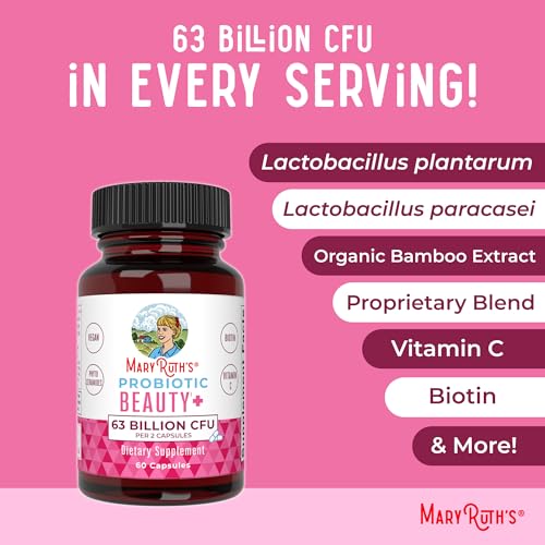 Probiotic Beauty Capsules by MaryRuth's | Vegan Collagen Support | Anti Aging | Gut Health | Hair Skin and Nails Vitamins | Skin Care | Biotin | Non-GMO Project Verified | 60 Count