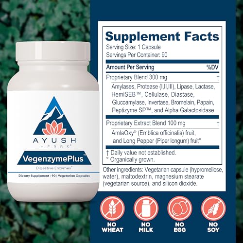 Ayush Herbs VegenzymePlus - Digestive Enzymes for Women & Men, Enzymes for Digestion with Bromelain, Lipase, Lactase, Protease, 100% Vegetarian Gut Health Supplement - 60 Capsules (1 Count)