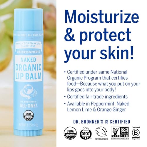 Dr. Bronners Organic Lip Balm 6-Pack (.15oz) Natural, Moisturizing, Petroleum-Free Lip Moisturizer with Beeswax & Avocado Oil for Dry Lips, Men & Women - Unscented