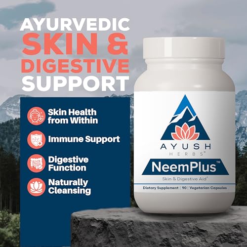 Ayush Herbs Neem Plus - Digestive Health for Women & Men, Gut Support Supplement for Stomach & Skin Health, Immune Support - 90 Vegetarian Capsules (1 Count)