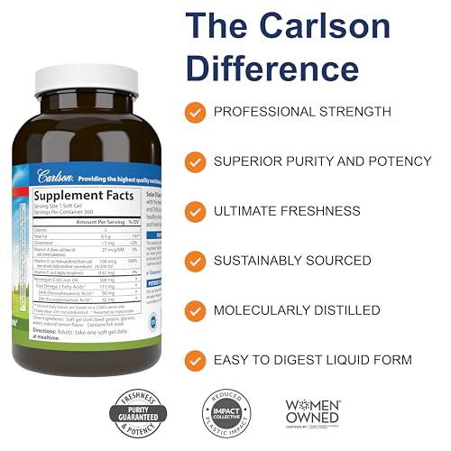 Carlson - Solar D Gems, Vitamin D3 and Omega-3 Supplement, 4000 IU (100 mcg) D3, 115 mg Omega-3 EPA and DHA, Vitamin D Fish Oil Capsule, Bone & Immune Health, Vitamin D Supplement, Lemon, 360 Softgels
