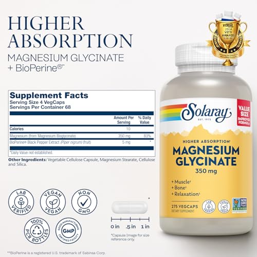 SOLARAY Magnesium Glycinate Capsules, Chelated Magnesium Bisglycinate w/BioPerine, Higher Absorption Magnesium Supplement - Bones, Muscles, Heart Support, Vegan, 68 Servings, 275 VegCaps