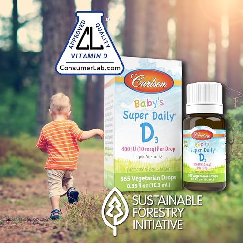 Carlson - Baby's Super Daily D3, Baby Vitamin D Drops, 400 IU (10 mcg) per Drop, 1-Year Supply, Vegetarian, Liquid Vitamin D for Infants and Toddlers, Unflavored, 365 Drops