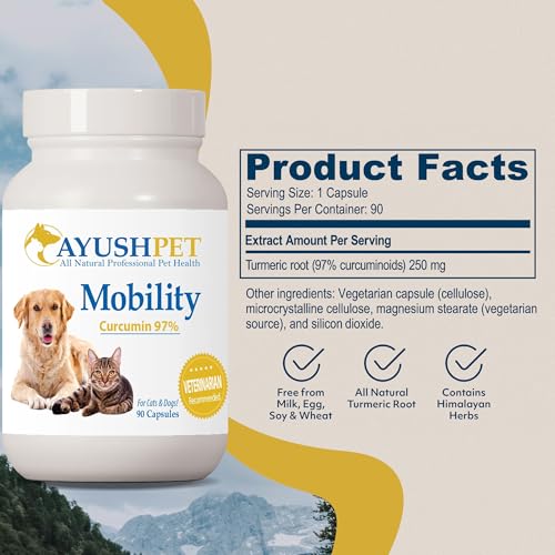 Ayush Pet Mobility, Curcumin Supplement for Healthy Joints, Pure and Powerful Joint, Digestion, and Brain Support, Large or Small Pets, 90 Capsules