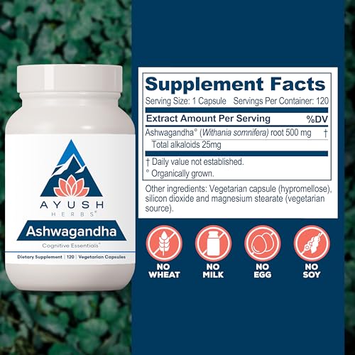 Ayush Herbs Ashwagandha Capsules - Ashwagandha for Men & Women, Ashwagandha Supplements, Pure Ashwagandha Root Powder for Stress, 500mg per Pill - 120 Vegetarian Caplets (1 Count)