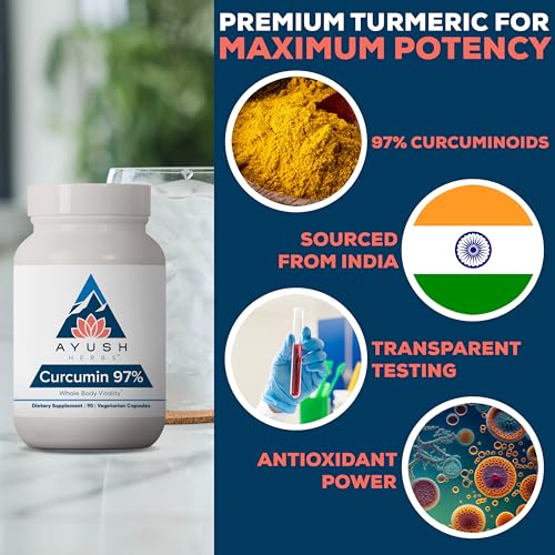 Ayush Herbs Curcumin 97% - Curcumin Supplements, Premium Turmeric Root Supplement, Curcuminoids for Women & Men, Adults, Premium Joint Support, Strength & Vitality - 90 Vegetarian Capsules (1 Count)