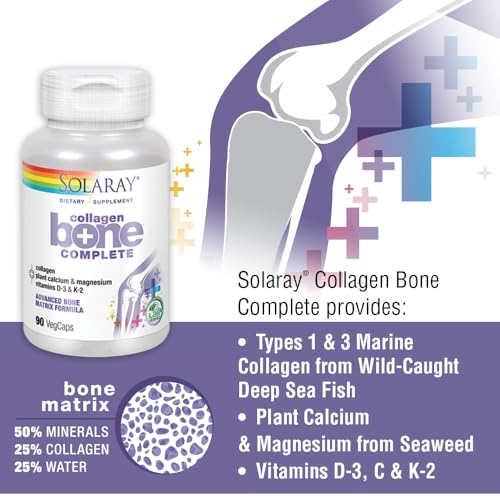 SOLARAY Collagen Bone Complete | Advanced Bone Matrix Formula with Plant Calcium & Magnesium | 30 Servings | 90 VegCaps