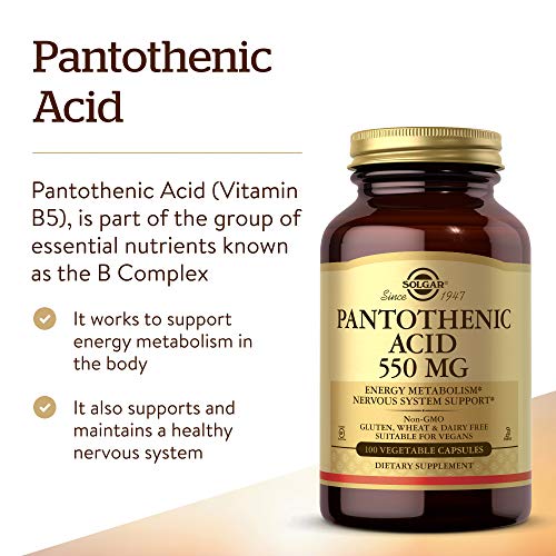 Solgar Pantothenic Acid 550 mg Vegetable Capsules Vitamin B5 Energy Metabolism Nervous System Support Gluten Free Dairy Free Kosher Servings, Standard Packaging, 100 Count