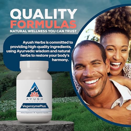 Ayush Herbs VegenzymePlus - Digestive Enzymes for Women & Men, Enzymes for Digestion with Bromelain, Lipase, Lactase, Protease, 100% Vegetarian Gut Health Supplement - 60 Capsules (1 Count)