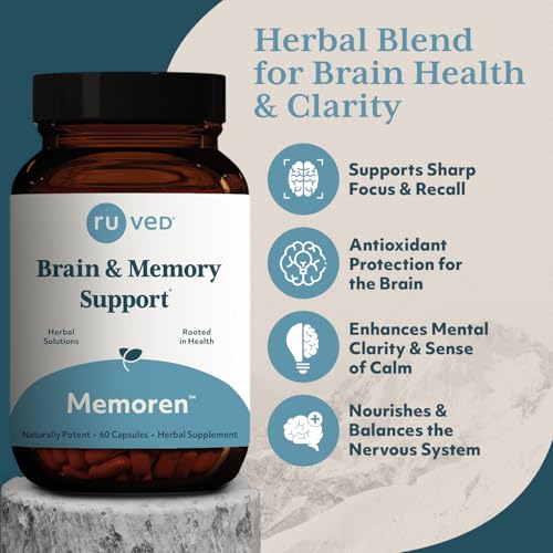 ruved Memoren, All-Natural Ayurvedic Focus and Memory Support with Ginkgo Biloba, Gotu Kola and Bacopa, Brain Health and Stress Care Supplement for Adults, 60 Vegetarian Capsules