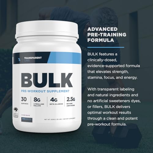 Transparent Labs Bulk Pre Workout Powder - Naturally Sweetened Advanced Pre-Workout Formula for Muscle Building and Strength - 30 Servings, Peach Mango