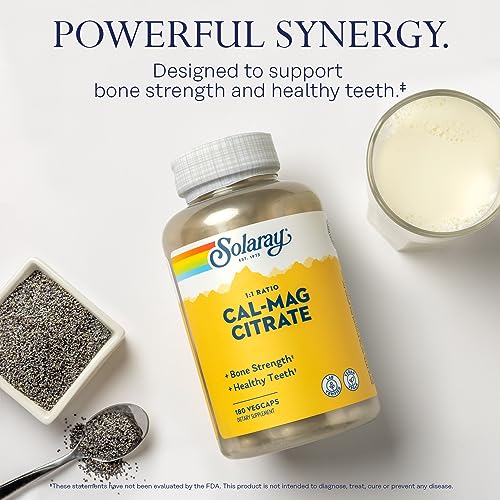 Solaray Calcium Magnesium Citrate 1:1 Ratio, Healthy Bones, Teeth, Muscle & Nervous System Support, 30 Serv, 180 VegCaps