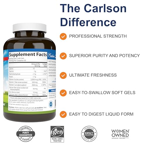 Carlson - ACES + Zn, Vitamins A, C, E + Selenium & Zinc, Cellular Health & Immune Support, Antioxidant, 180 Softgels