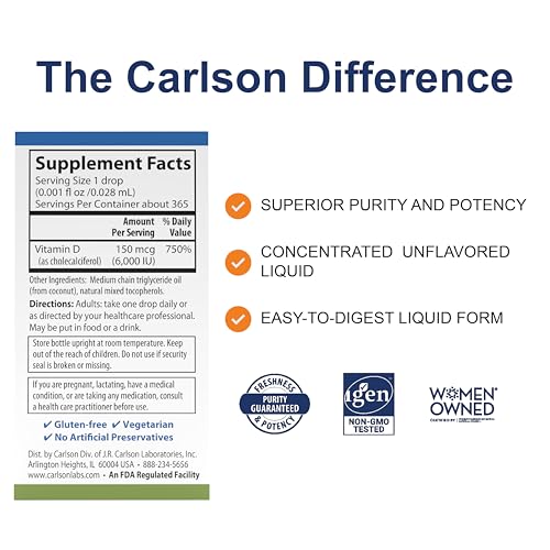 Carlson - Super Daily D3, 6000 IU (150 mcg) per Drop, Liquid Vitamin D3, 1-Year Supply, Non-GMO, Unflavored, 365 Vegetarian Drops (10.3 mL)