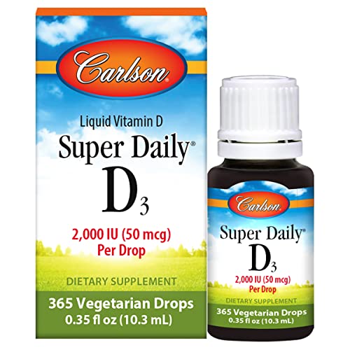 Carlson - Super Daily D3, Vitamin D Drops, 2,000 IU per Drop, 1-Year Supply, Vitamin D3 Liquid, Heart & Immune Health, Vegetarian, Liquid Vitamin D Drops, Unflavored, 365 Drops