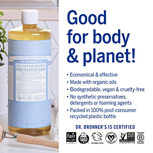 Dr. Bronner's Pure-Castile Liquid Soap Baby Unscented Bundle. 32 oz. Bottle and 2 oz. Travel Bottle
