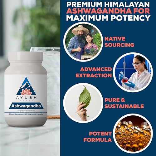 Ayush Herbs Ashwagandha Capsules - Ashwagandha for Men & Women, Ashwagandha Supplements, Pure Ashwagandha Root Powder for Stress, 500mg per Pill - 60 Vegetarian Caplets (1 Count)