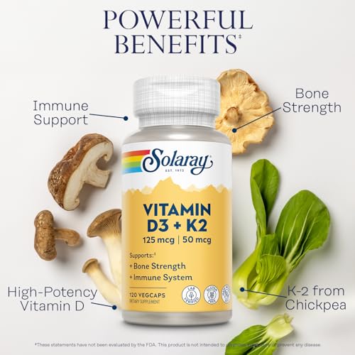 SOLARAY Vitamin D3 K2 - Bone Health and Immune Support Supplement - With 5000 IU Vitamin D as Vit D3 and 50 mcg Vitamin K2 as Menoquinone MK7, Made Without Soy, 60-Day Guarantee, 120 Serv, 120 VegCaps