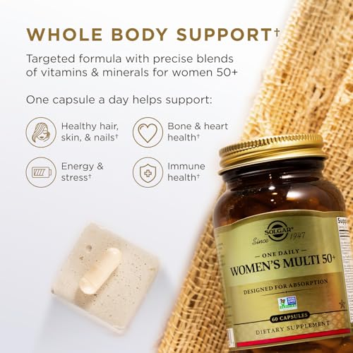 Solgar One Daily Women's Multi 50+ Whole Body Support for Women 50 and Older - Highly Absorbable Heart, Bone & Breast Health, Energy, Stress, Hair Skin & Nails Multivitamin, 60 Vegan Capsule Servings