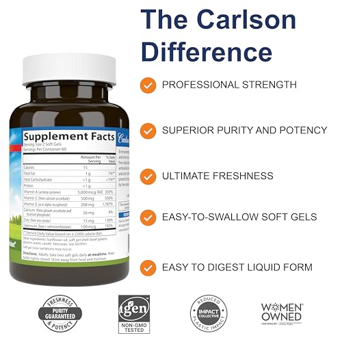 Carlson - ACES + Zn, Vitamins A, C, E + Selenium & Zinc, Cellular Health & Immune Support, Antioxidant, 120 Softgels