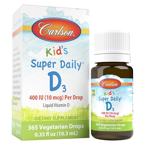 Carlson - Kid's Super Daily D3, Kids Vitamin D Drops, 400 IU (10 mcg) per Drop, Heart & Immune Health, Vegetarian, Liquid Vitamin D Drops, Unflavored, 365 Drops
