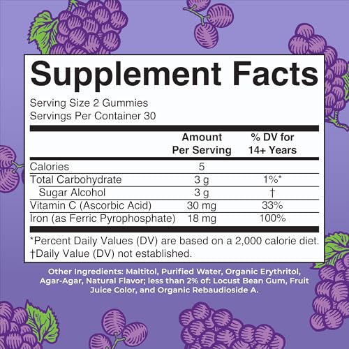 MaryRuth's Iron Gummies for Ages 14+ | with Vitamin C for Absorption | Sugar Free | Gummy Iron Supplement + VIT C | Energy Metabolism | Cellular Health | Immune Support | Vegan | Non-GMO | 60 Count