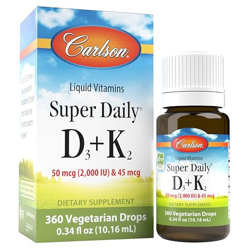 Carlson Super Daily D3 + K2, 50 mcg D3 + 45 mcg MK-7, Heart & Bone Health, 360 Liquid Drops, 10.16 ml