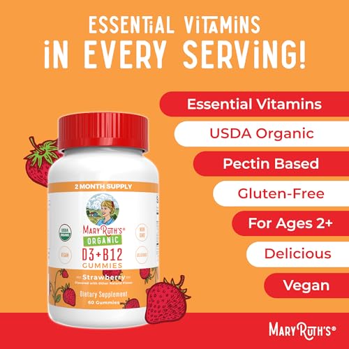 MaryRuth Organics's Vitamin D3 B12 Gummies | USDA Organic | 2 Month Supply | Vitamin D & B12 Vitamin Supplements for Adults & Kids | Bone Health | Healthy Energy Levels | Non-GMO | 60 Servings